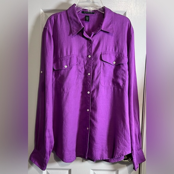 Lauren Ralph Lauren Linen Women’s XL Purple Collar Long Sleeve Button Up Shirt - Picture 1 of 7